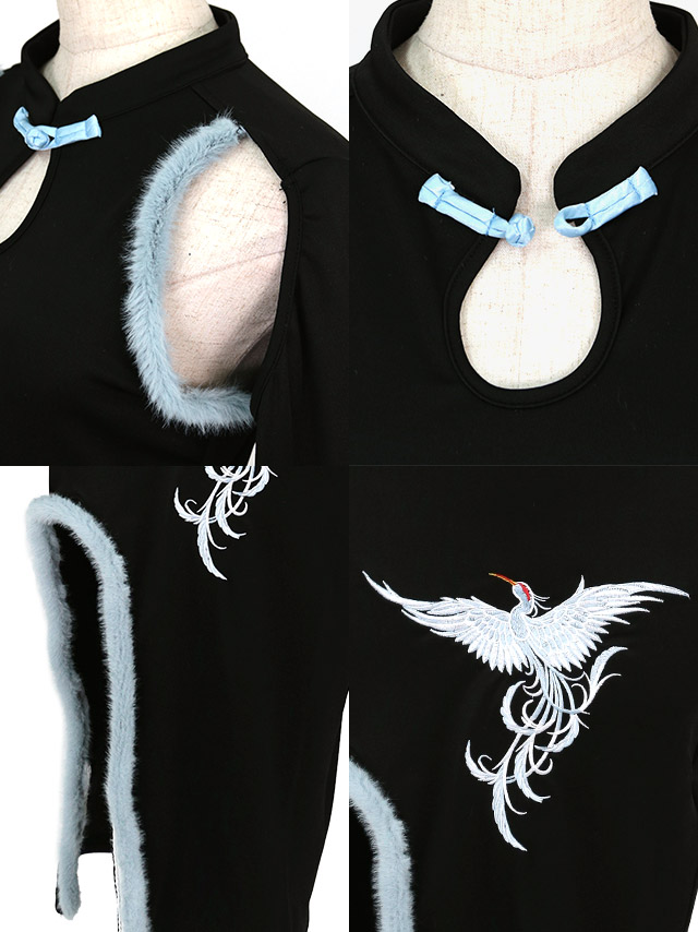 鶴刺繍フェザー付きタイトスリットセクシー映えロングチャイナドレスの詳細アップ