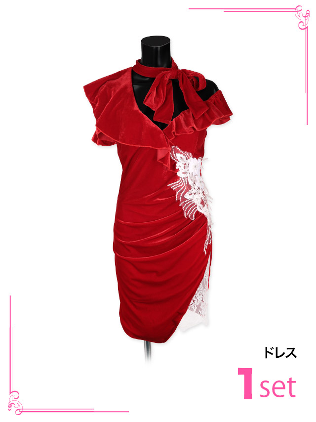 ネックリボンフラワーレースデザインベロアタイトドレスのセット内容