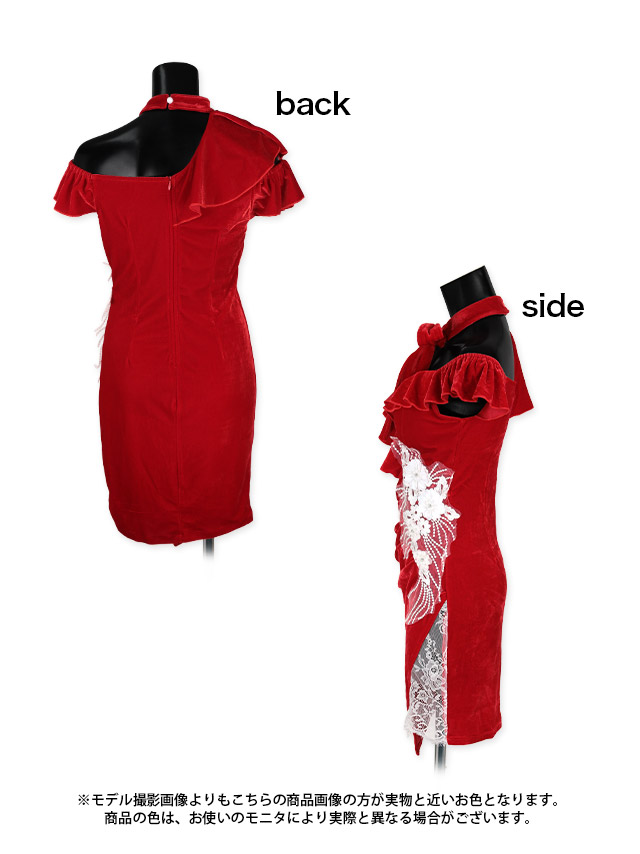 ネックリボンフラワーレースデザインベロアタイトドレスの商品詳細