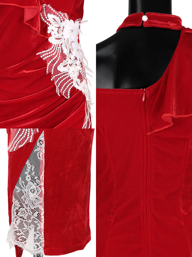 ネックリボンフラワーレースデザインベロアタイトドレスの商品詳細