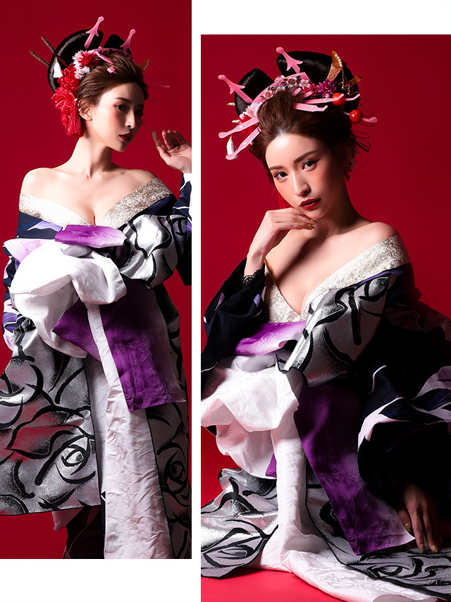 菖蒲 濃紺色 紫 2way花魁浴衣5点セット イメージ2