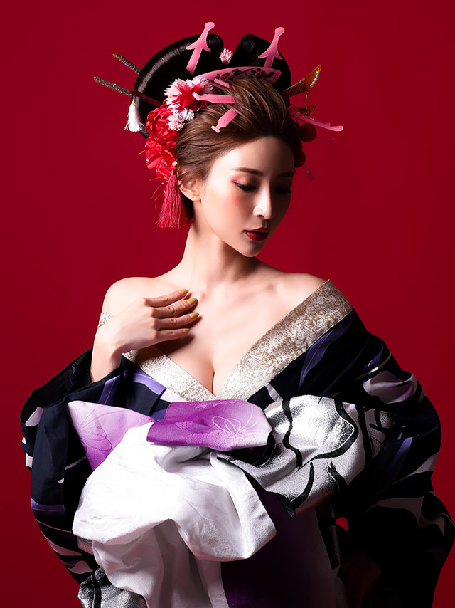 菖蒲 濃紺色 紫 2way花魁浴衣5点セット イメージ3