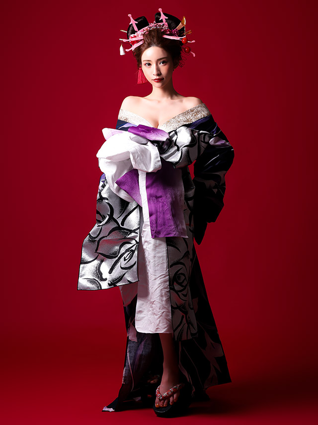 菖蒲 濃紺色 紫 2way花魁浴衣5点セット 正面全身