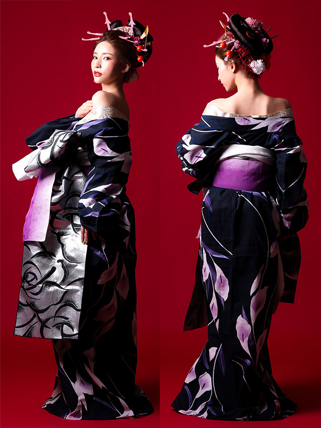 菖蒲 濃紺色 紫 2way花魁浴衣5点セット サイドバック全身