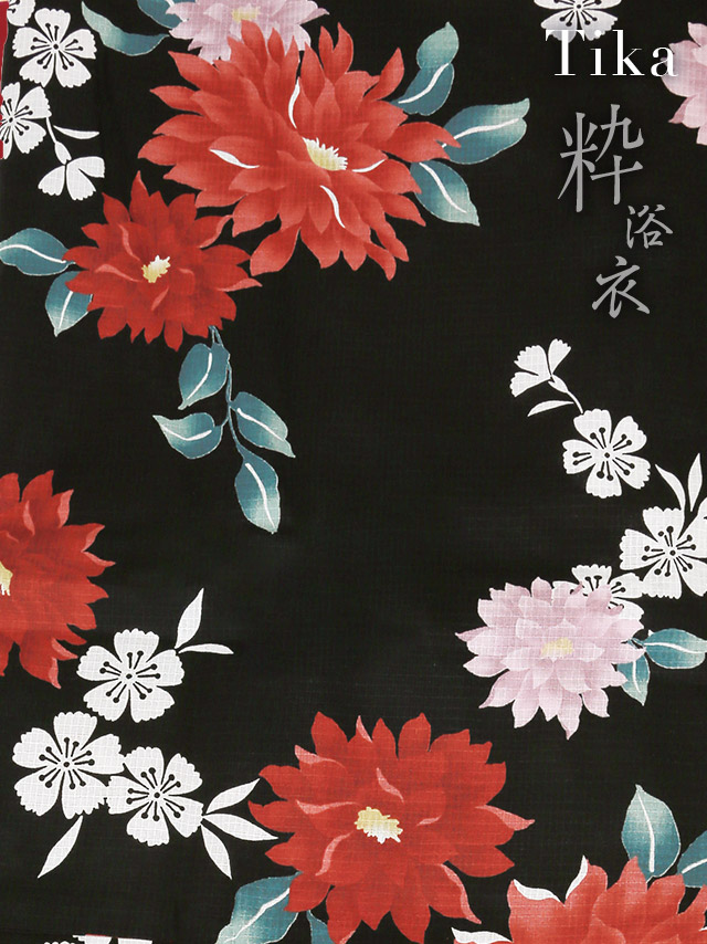 粋 黒地×菊桜 セパレートゆかた3点セット