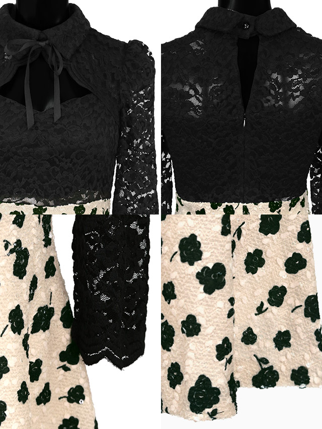 襟リボンレース袖ありガーリースタイルフレアミニドレスの商品詳細1