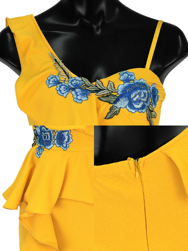 フラワー刺繍ワンショルダー風胸元フリルペプラムタイトキャミミニドレスの商品詳細