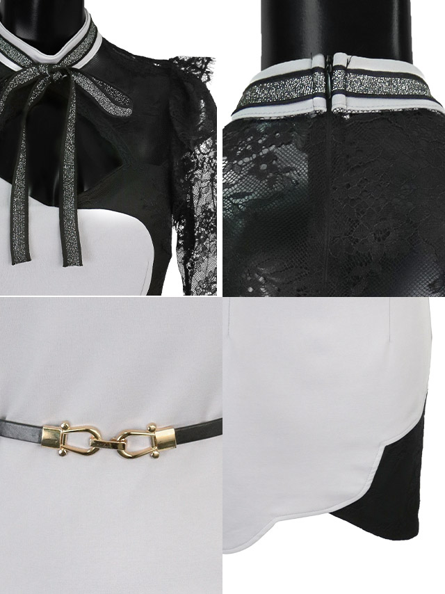ベルト付きネックラメリボン袖ありブラックレース切替タイトアシメミニドレスの商品詳細1
