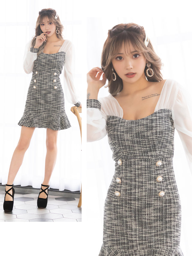 シアー長袖ツイード裾フリルレディスタイルタイトミニドレスのイメージ画像2