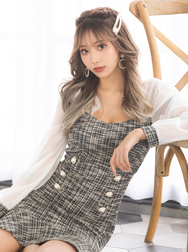 SALE] [韓国ドレス] シアー長袖ツイード裾フリルタイトミニドレス (S 