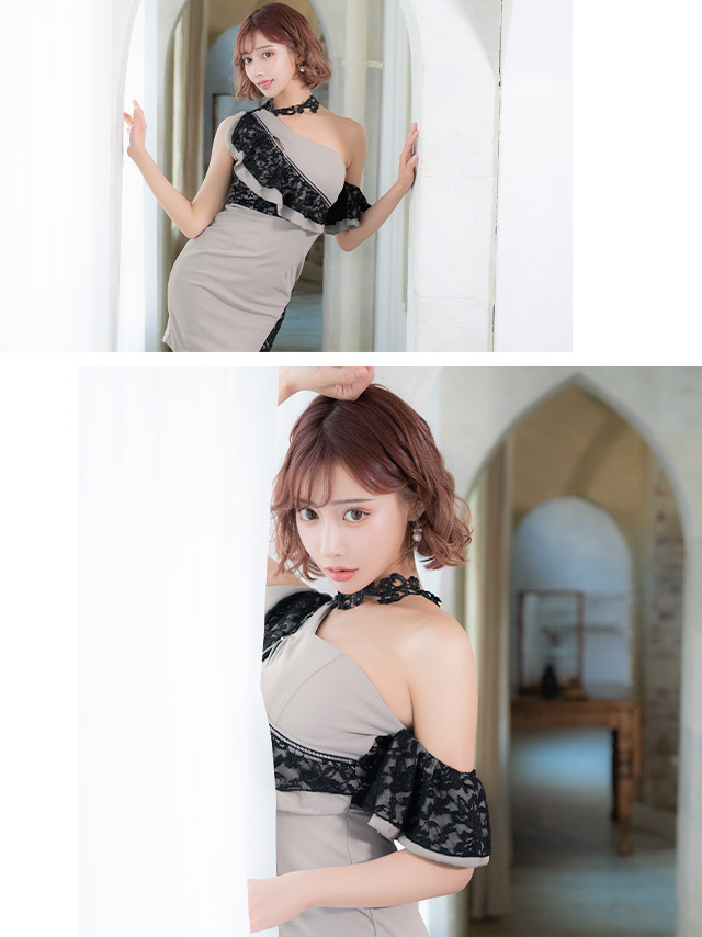 ブラックレースチョーカーワンショルダー胸元フリルジップデザインアシメタイトミニドレスのイメージ画像2