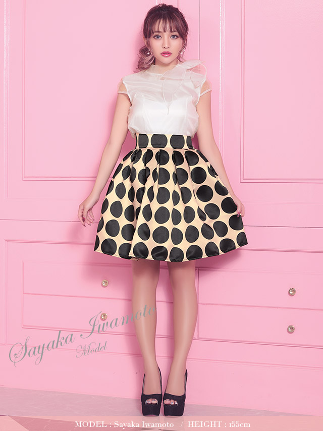 韓国ドレス チュールネックリボンAラインドットスカートセットアップミニドレス