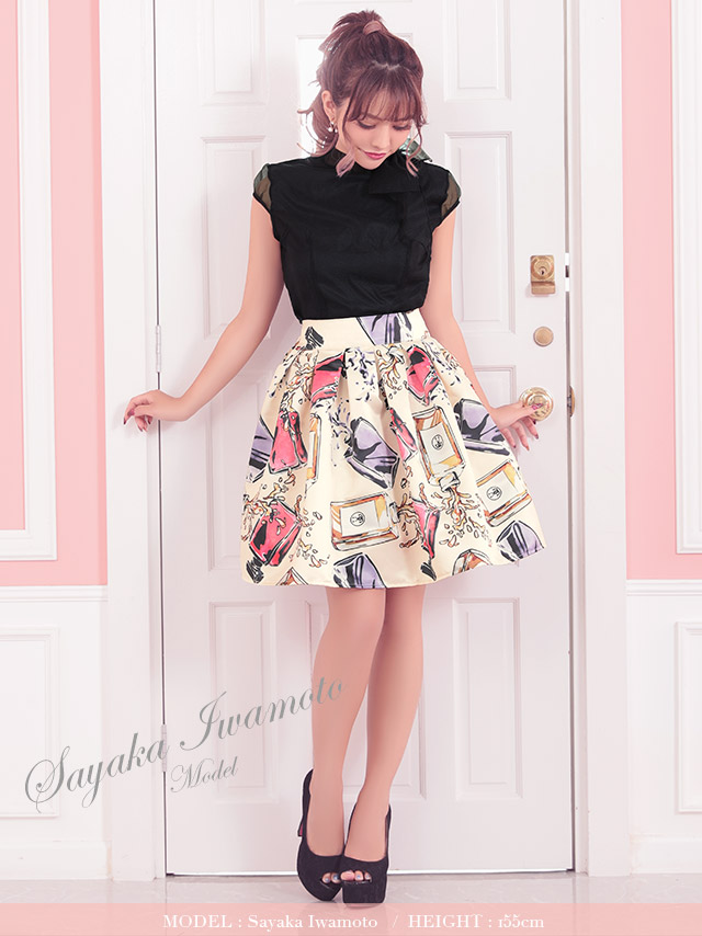 韓国ドレス チュールネックリボンAラインパフュームスカートセットアップミニドレス