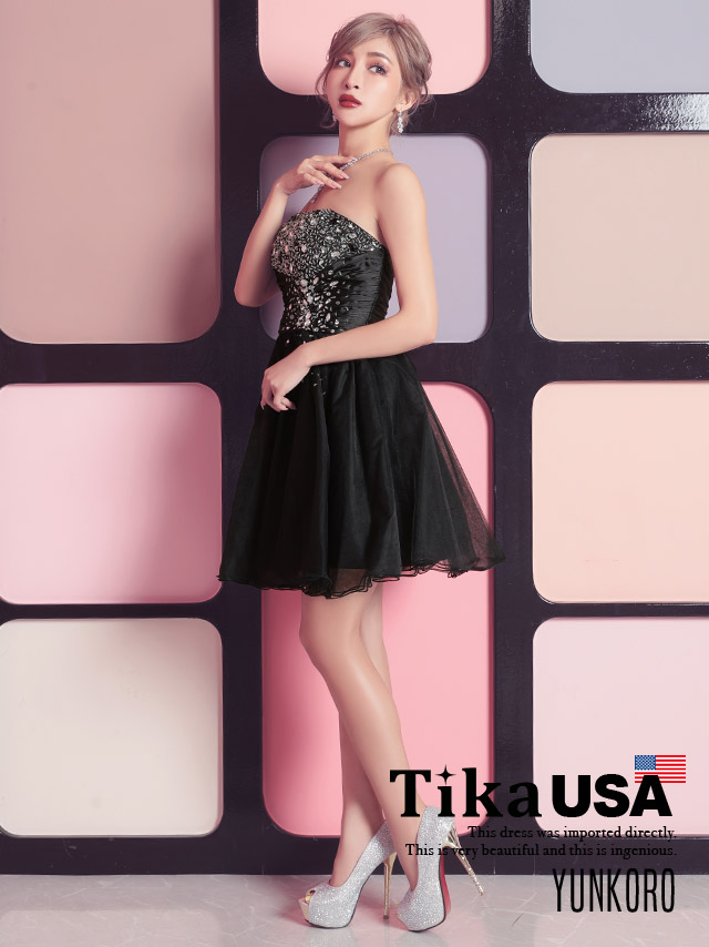 高品質USAドレス ビジューベアトップチュールミニドレス