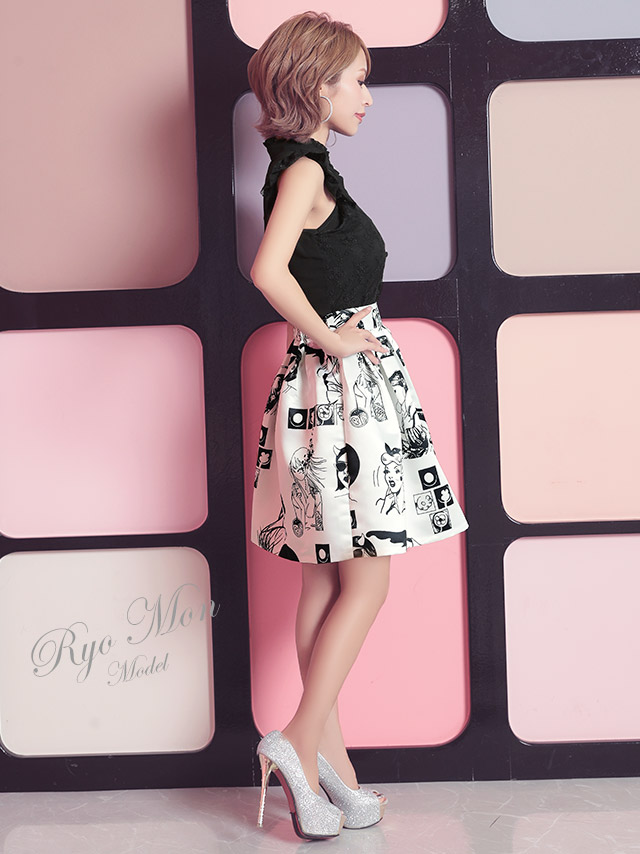 韓国ドレス 花柄レースブラウスセットアップアメリカン柄フレアスカート