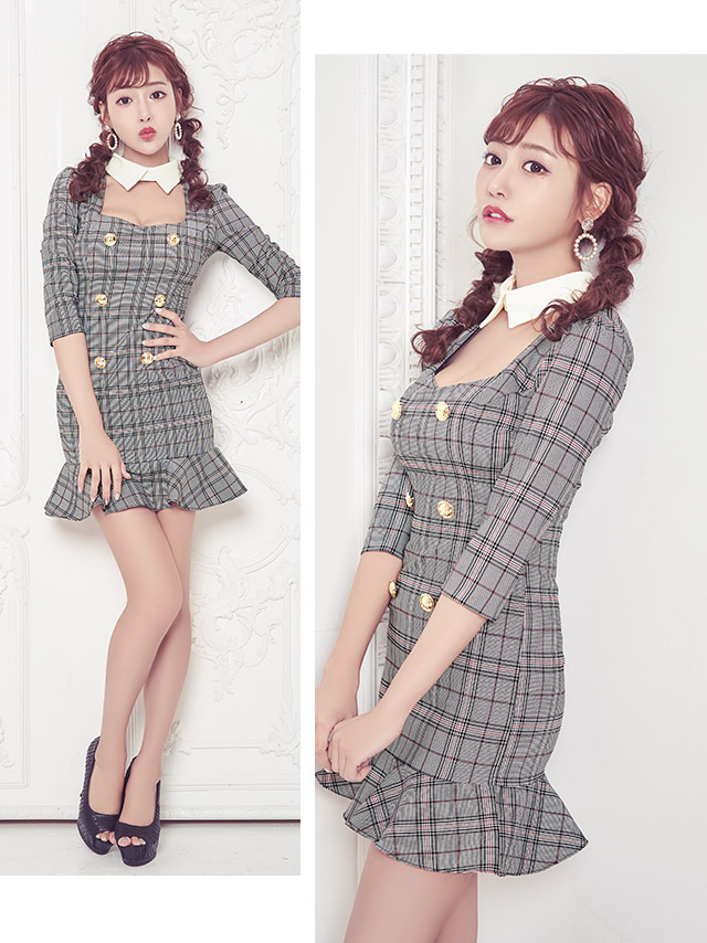 韓国ドレス チェック柄スクエアネックタイトミニドレス