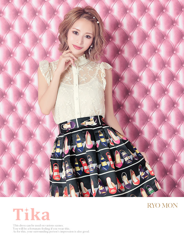 韓国ドレス 花柄レースブラウスセットアップヒール柄フレアスカート