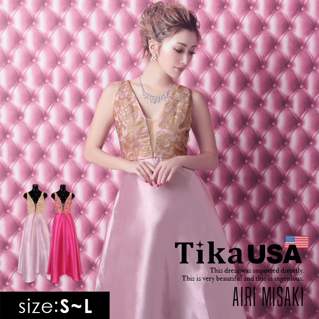 高品質USAドレス 刺繍レースサテンフレアロングドレス