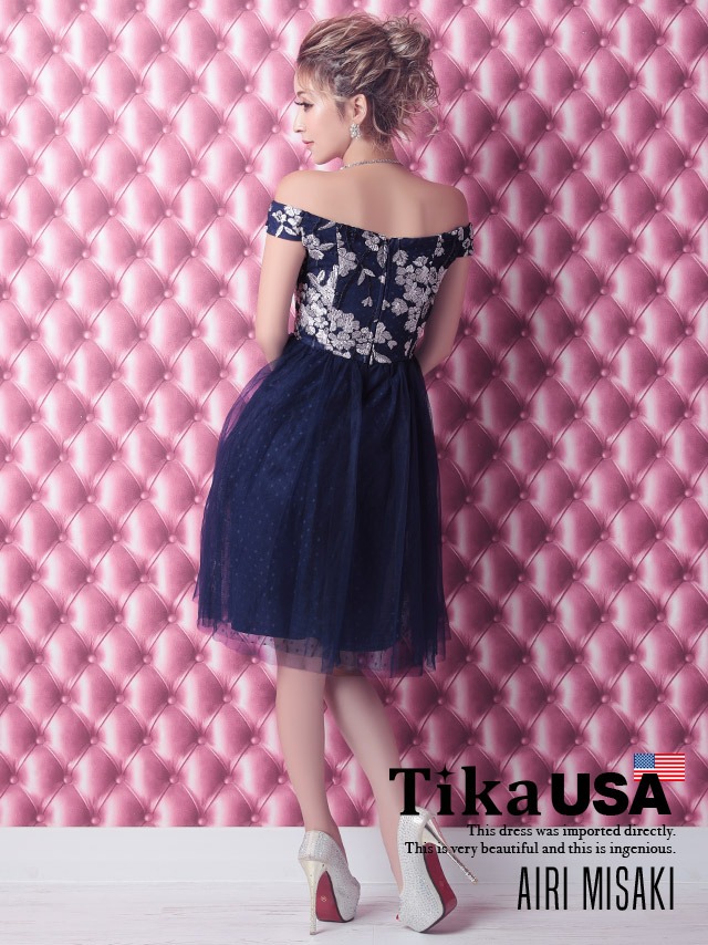 高品質USAドレス オフショルフラワー刺繍ドットチュールスカートAラインミニドレス