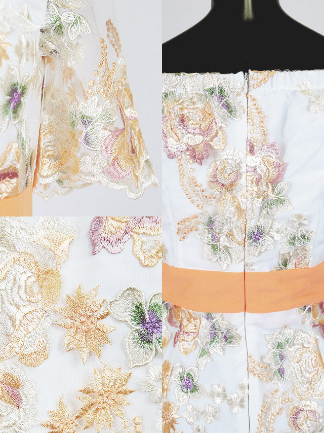 オフショルシースルー刺繍フラワーミディアムドレス