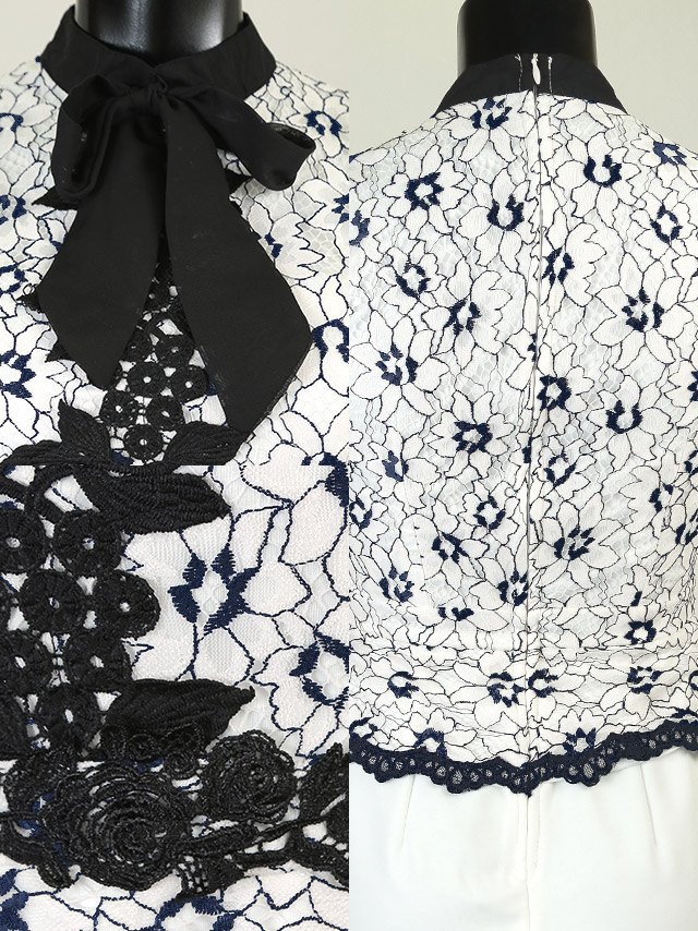 フラワーリーフ刺繍ネックリボンレースタイトスリットミニドレス