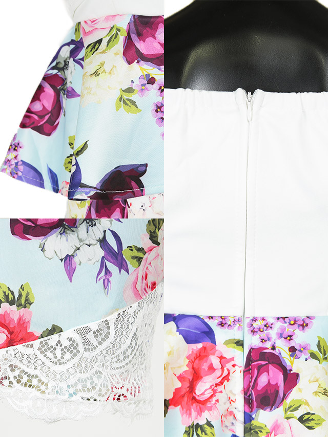 リボン風オフショルデザインフラワープリントペプラムスカートタイトミニドレス