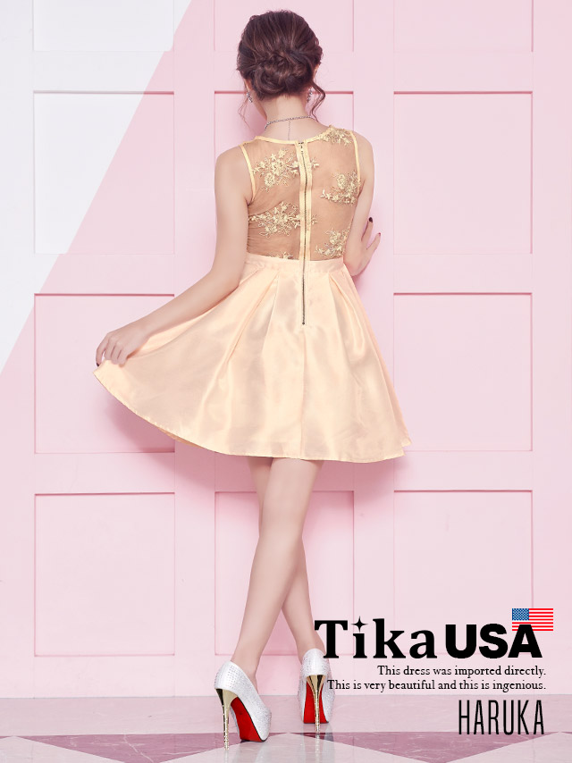 高品質USAドレス 刺繍レースウエスト切替フレアミニドレス