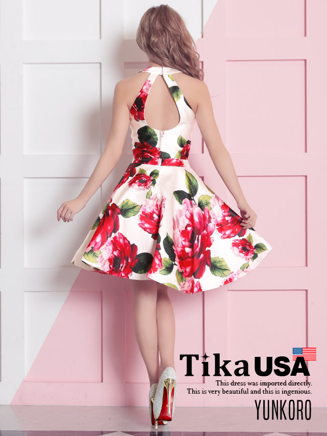 高品質USAドレス フラワーハイネックトップスフレアスカートセットアップミニドレス