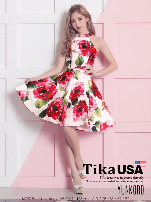 高品質USAドレス フラワーハイネックトップスフレアスカートセットアップミニドレス