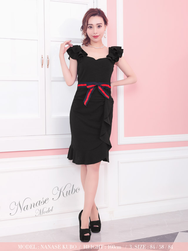 韓国ドレス フリルスリーブトリコロールカラーウエストリボンタイトドレス