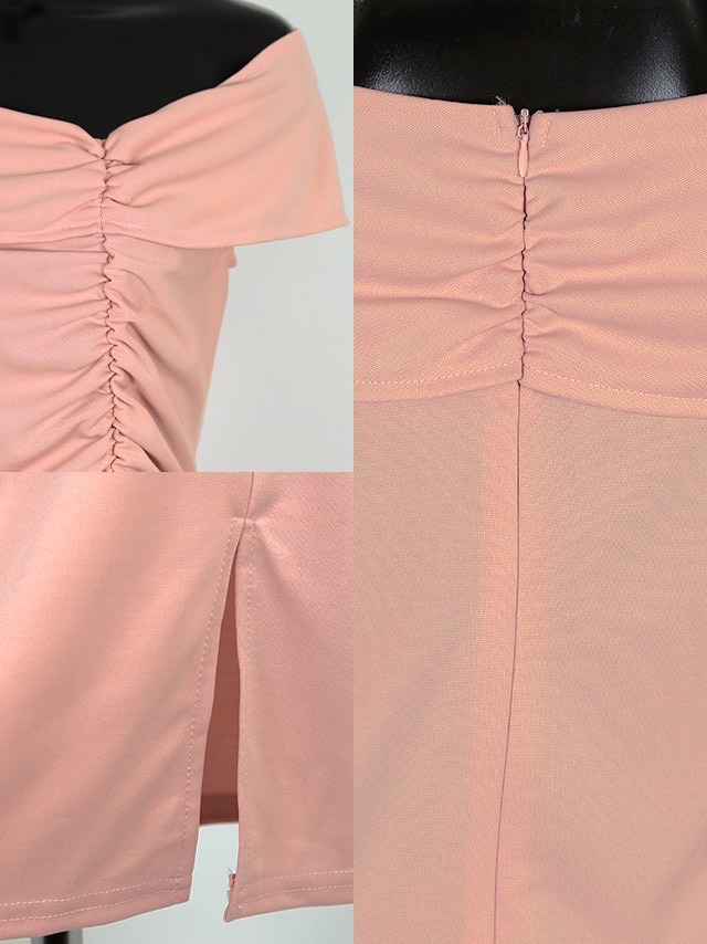 ワンカラーオフショルシャーリングスリットタイト膝丈ドレスの商品詳細