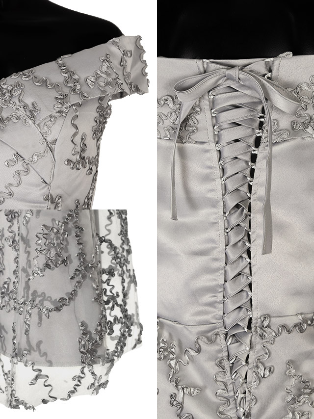 オフショルバックスピンドル刺繍シースルーフレアロングドレス