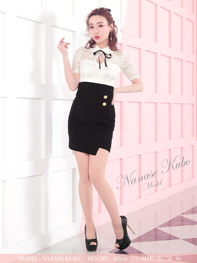 韓国ドレス 襟付きネックリボンレース切り替えタイトラップミニドレス