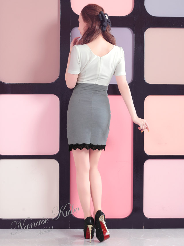 韓国ドレス 刺繍レースラインスリットバイカラータイトミニドレス
