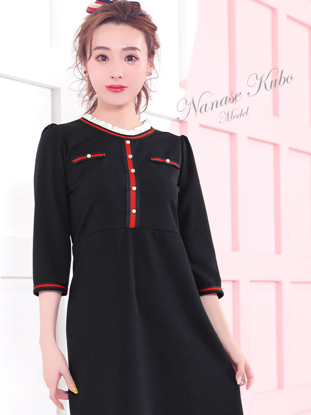 韓国ドレス スタンドフリルカラートリコロールラインフレアミニドレスのイメージ画像