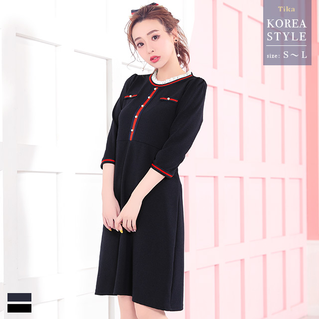 韓国ドレス スタンドフリルカラートリコロールラインフレアミニドレスのメイン画像