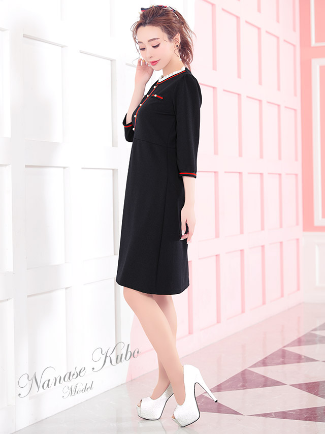 韓国ドレス スタンドフリルカラートリコロールラインフレアミニドレス