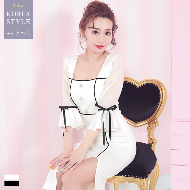 韓国ドレス ベルスリーブリボンモノトーンタイトスリットミディアムドレス