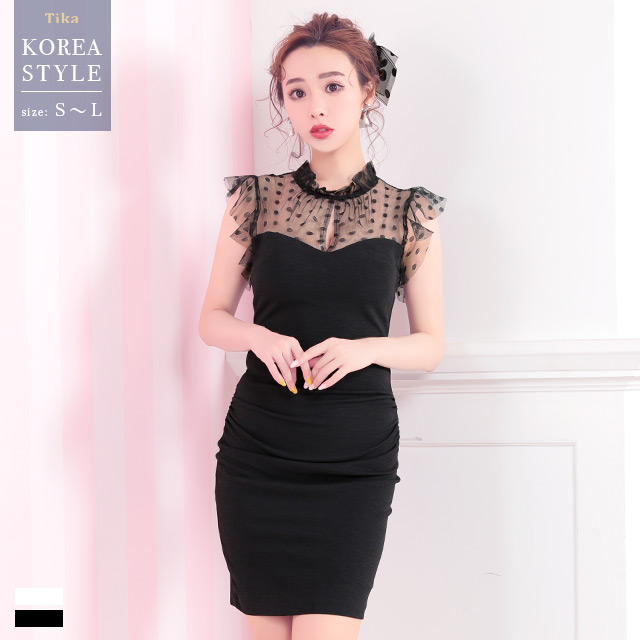 韓国ドレス シースルードットハイネックフリルタイトミニドレス