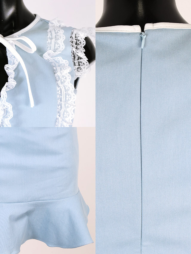 韓国ドレス ネックリボンレース裾フリルミニドレス