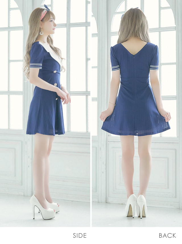 韓国ドレス 襟付きカシュクールダブルボタンバイカラーフレアミニドレス