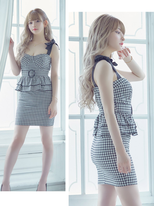 韓国ドレス ブロックチェックぺプラムウエストリングベルトタイトドレスミニドレス