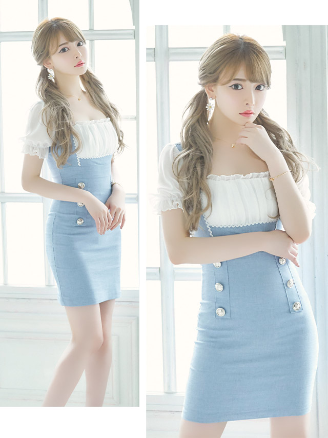 韓国ドレス パフスリーブシフォンギャザーサロペット風タイトミニドレス