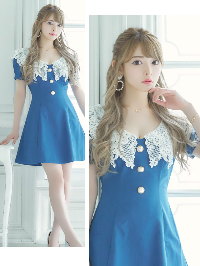 韓国ドレス ケミカルレースカラーパールボタンフレアミニドレス