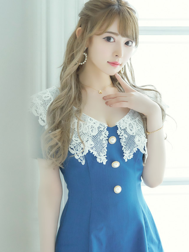 韓国ドレス ケミカルレースカラーパールボタンフレアミニドレス
