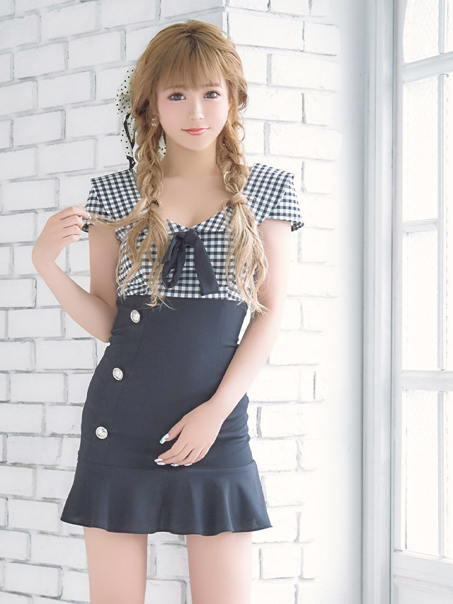 韓国ドレス セーラーカラーブロックチェックリボン裾フリルタイトミニドレス