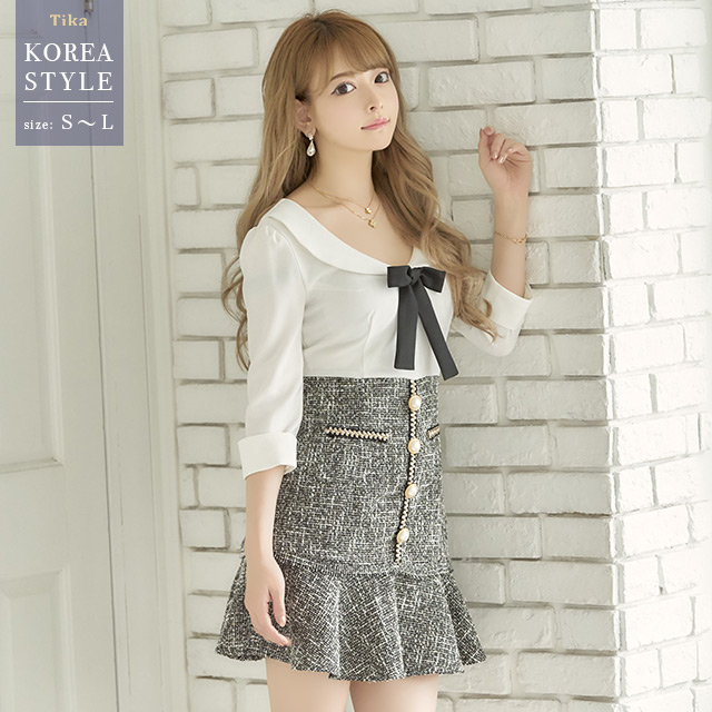 韓国ドレス 襟付きリボンドッキングツイード裾フリルミニドレス
