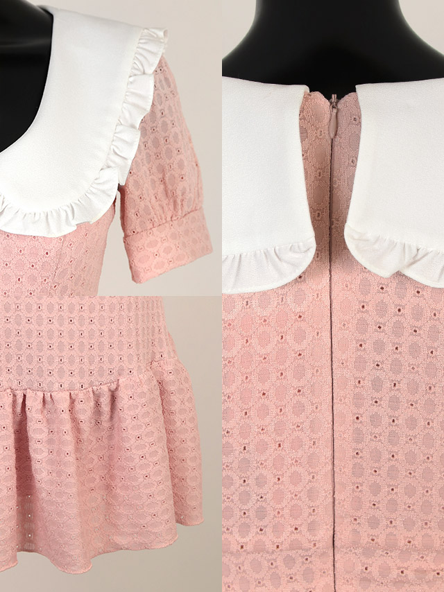 韓国ドレス セーラーカラーウエストパール裾フリルミニドレス