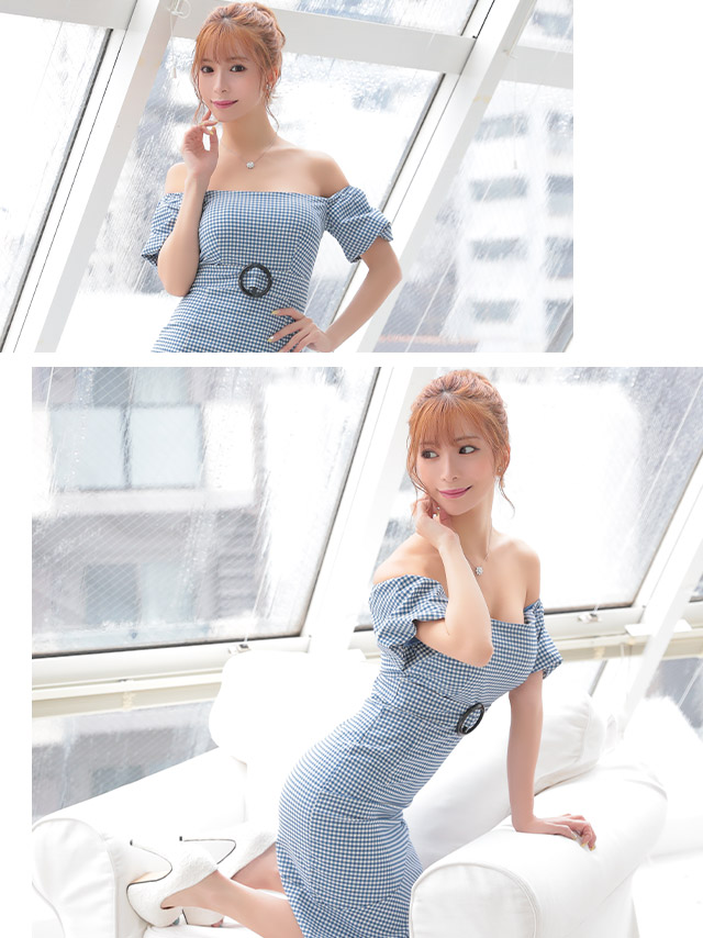 韓国ドレス オフショルウエストリングベルトアシメフリルタイトドレス