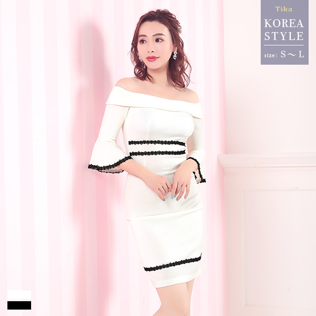 韓国ドレス オフショルダーフラワー刺繍レースベルスリーブモノトーンタイトミニドレス